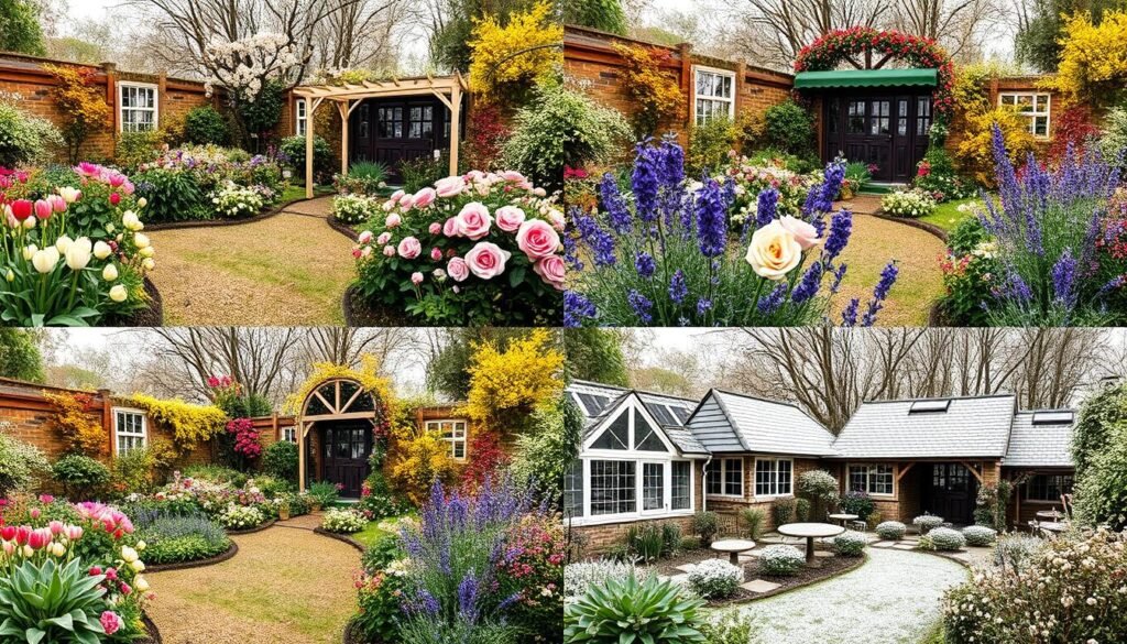 Four seasons collage of the same Vintage English Garden throughout the year Four seasons collage of the same Vintage English Garden throughout the year