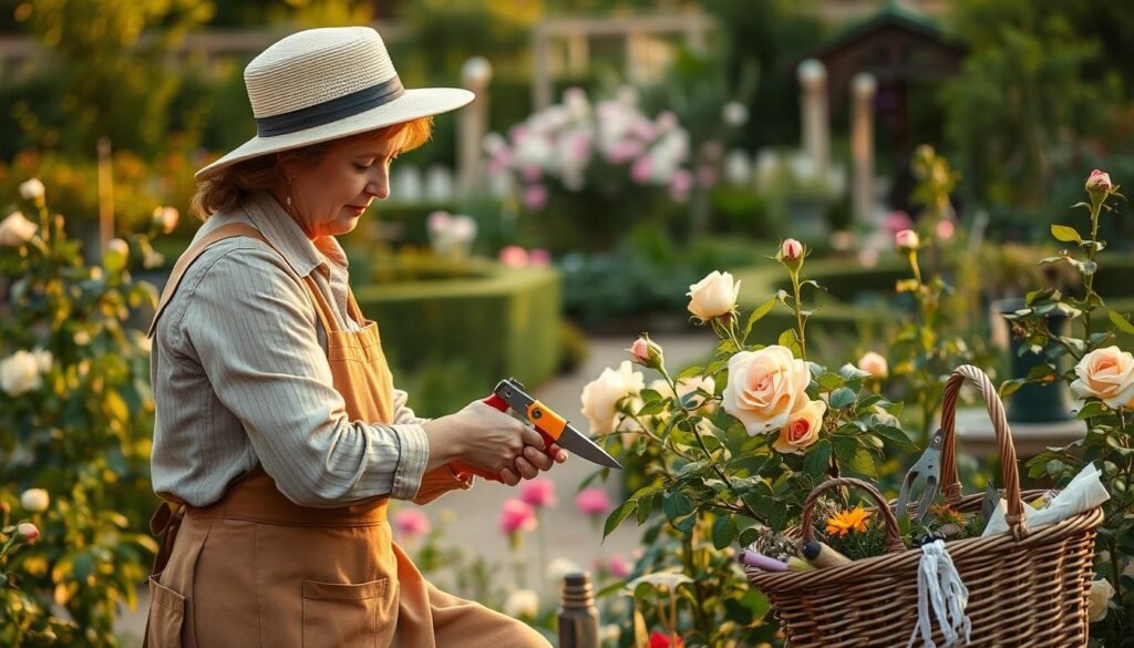 Gardener pruning roses in a Vintage English Garden Gardener pruning roses in a Vintage English Garden