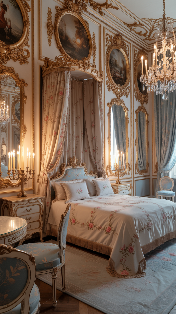 A Rococo-style bedroom featuring warm candlelight and elegant decor.