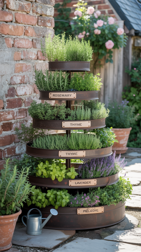 A circular herb spiral garden with various herbs neatly arranged and labeled.