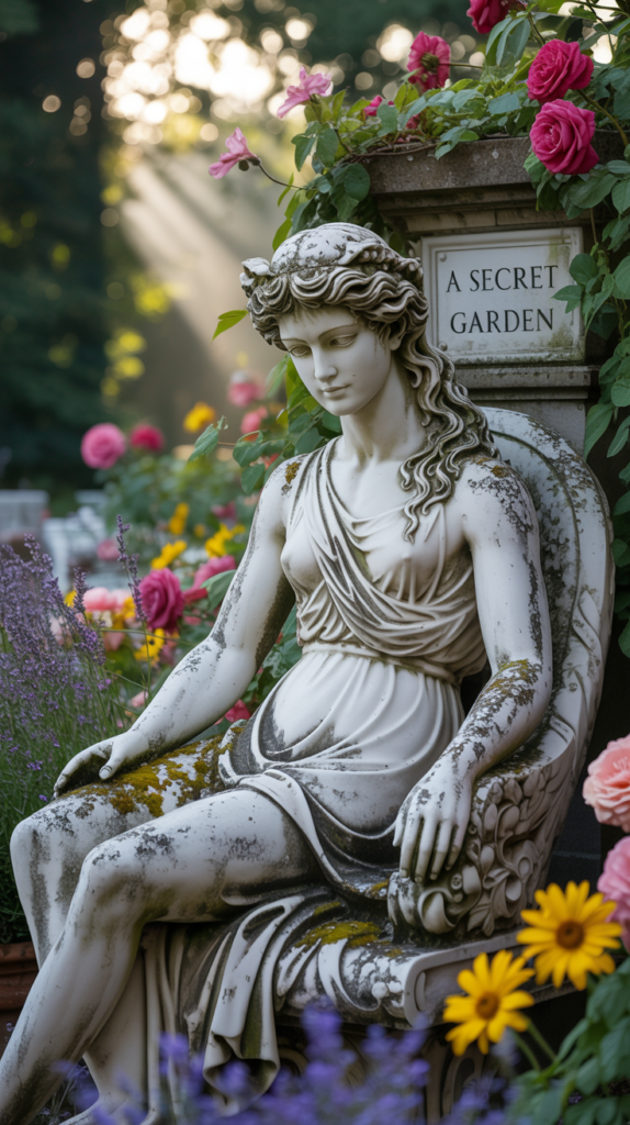 A beautiful statue among colorful flowers in a garden