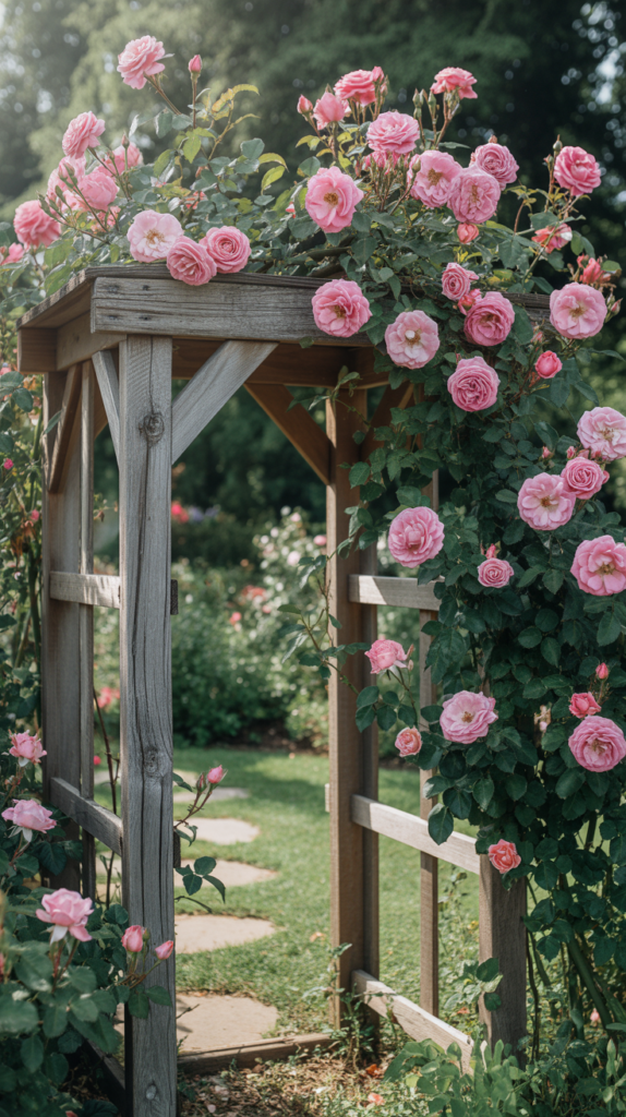 A vintage garden rustic wooden trellis covered with pink roses in a garden setting.
