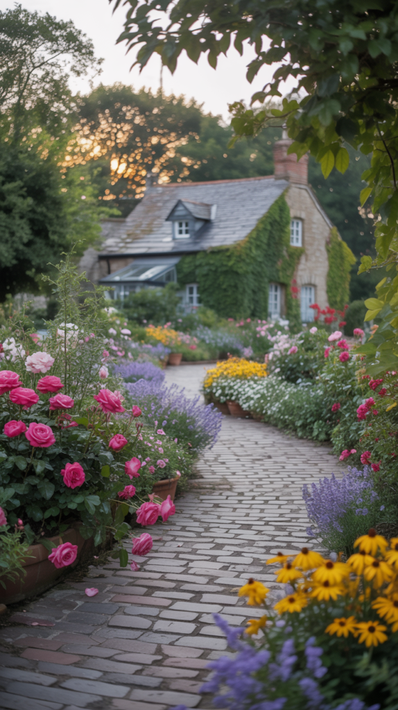 Colorful flower borders lining a pathway in a garden, with a charming house in the background.