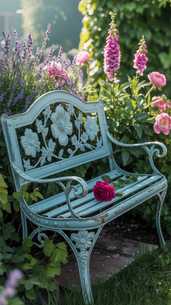 A vintage-style metal garden bench surrounded by colorful flowers and lush greenery.