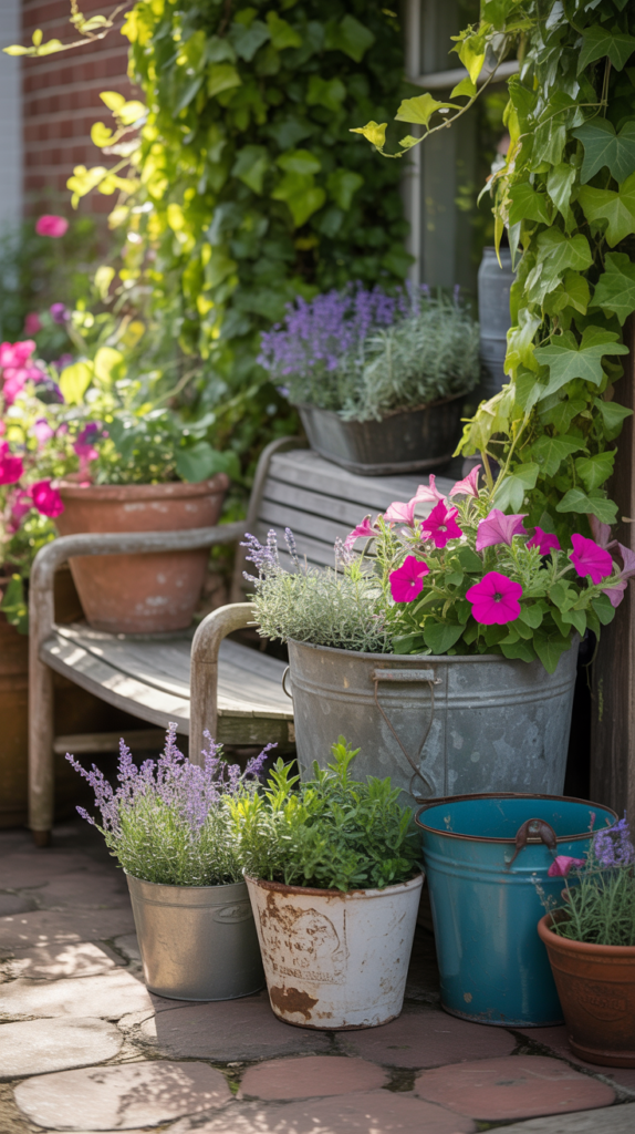 A vintage garden A collection of repurposed vintage containers filled with plants, showcasing a mix of colors and styles.
