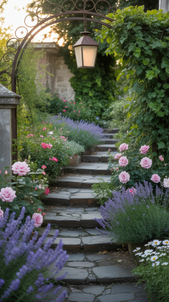 A charming garden pathway lined with pink roses and purple flowers, featuring a stone path and a lantern.