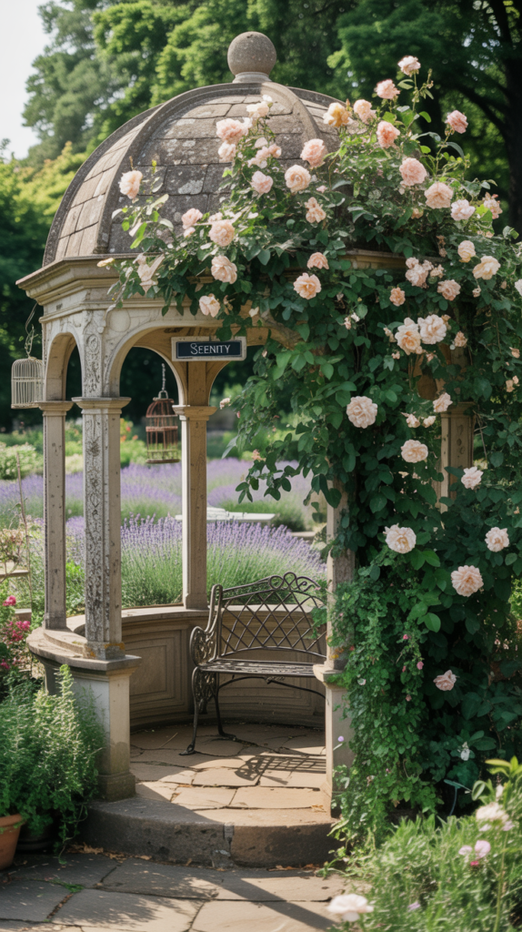 A vintage garden A classic gazebo adorned with flowers and greenery in a sunny garden.