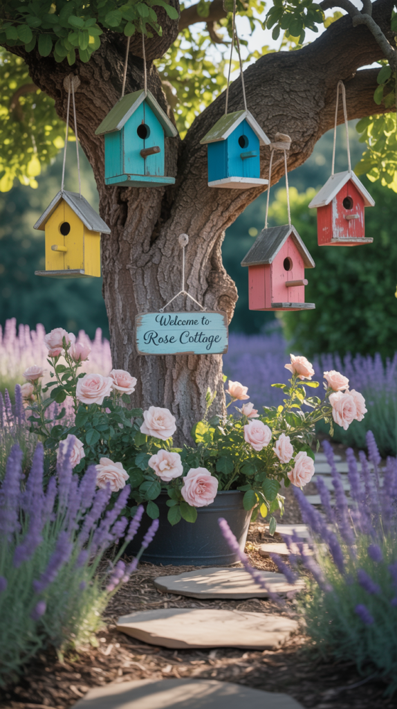 A collection of colorful wooden birdhouses hanging from a tree in a vibrant garden.