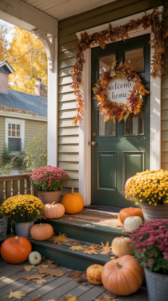 A vintage garden Charming porch decorated for fall with pumpkins, flowers, and wreaths.