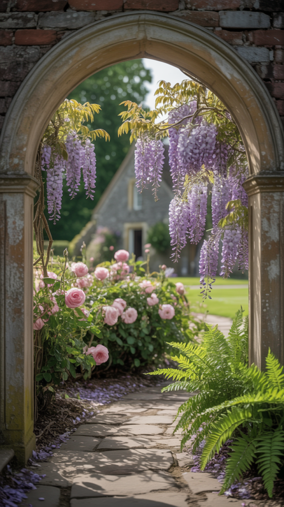 A beautiful display of purple wisteria flowers hanging down, with pink flowers and greenery in the background.