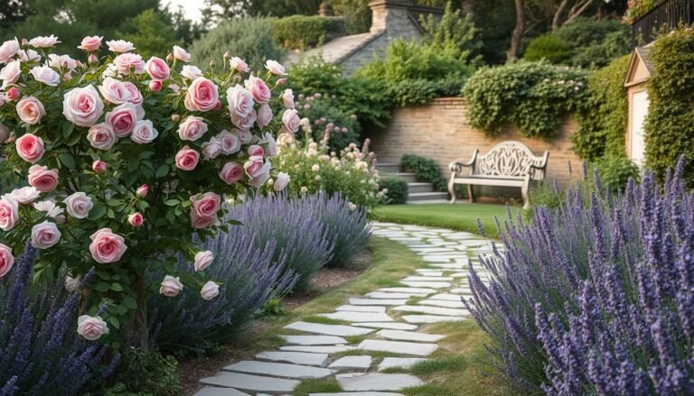 Lush Vintage English Garden with roses, lavender and stone pathway