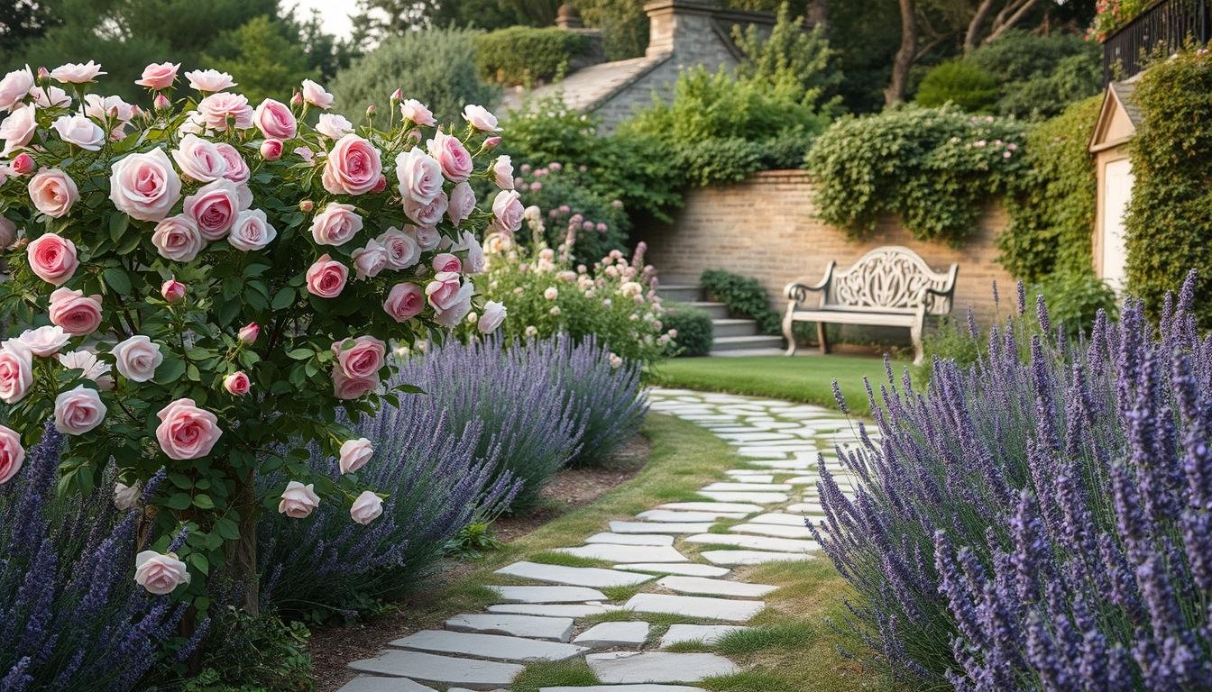 Lush Vintage English Garden with roses, lavender and stone pathway