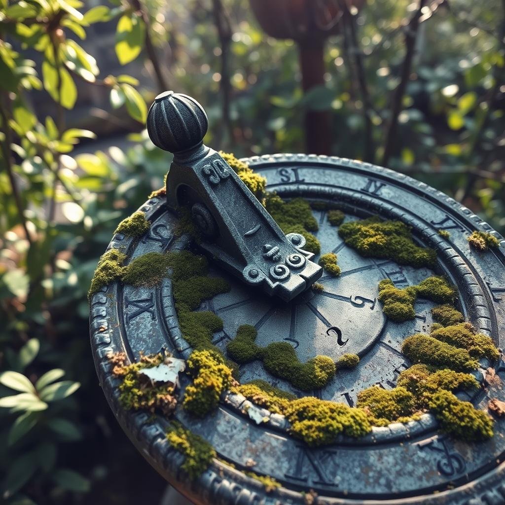 Moss-covered stone sundial in a Vintage English Garden Moss-covered stone sundial in a Vintage English Garden