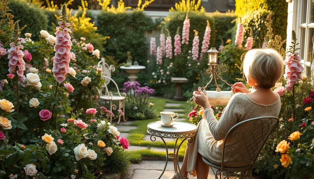 Person enjoying tea in a mature Vintage English Garden Person enjoying tea in a mature Vintage English Garden