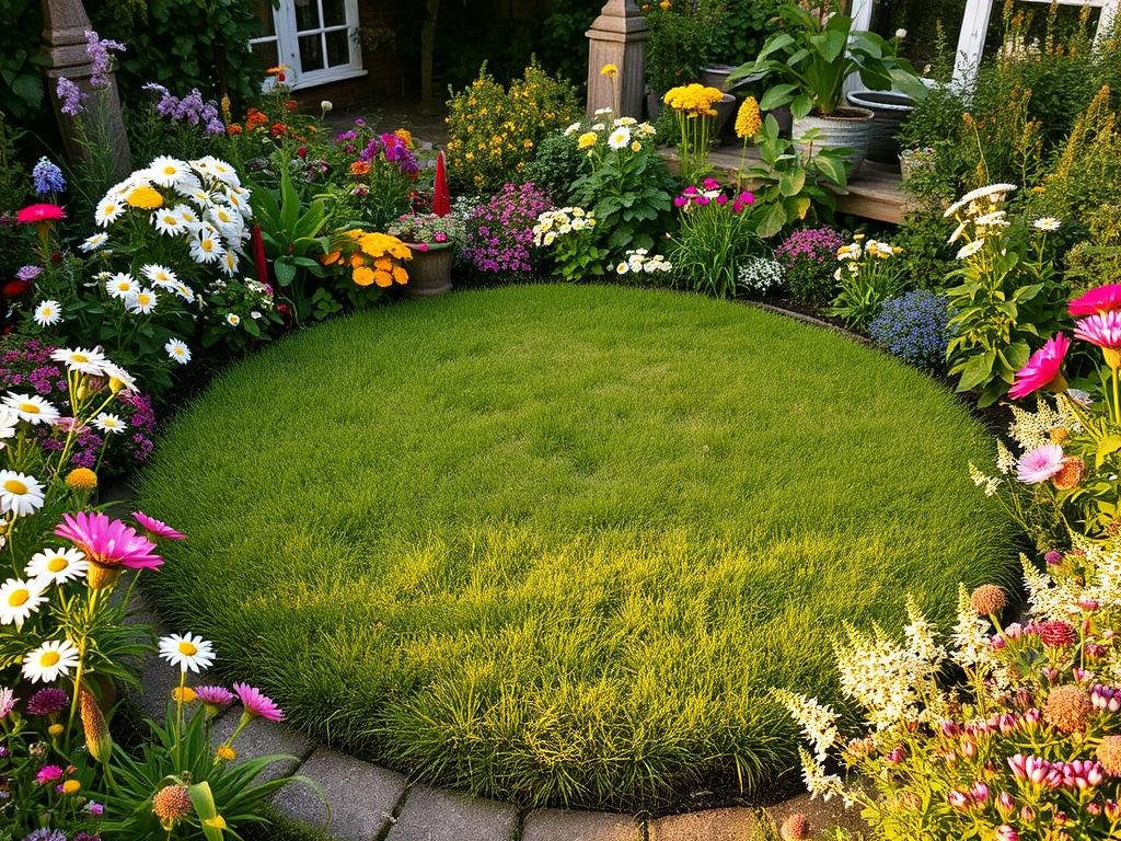Small lawn area surrounded by cottage garden plants in a Vintage English Garden Small lawn area surrounded by cottage garden plants in a Vintage English Garden