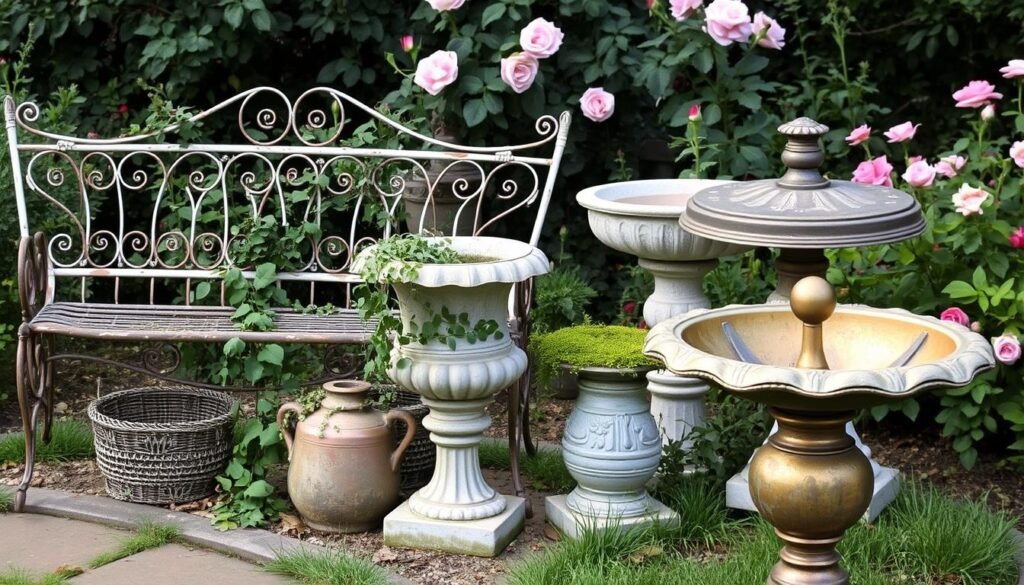 Vintage garden décor elements including wrought iron bench and antique urns Vintage garden décor elements including wrought iron bench and antique urns