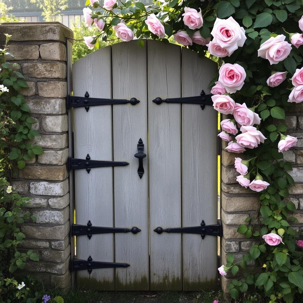 Weathered garden gate with climbing roses in a Vintage English Garden Weathered garden gate with climbing roses in a Vintage English Garden