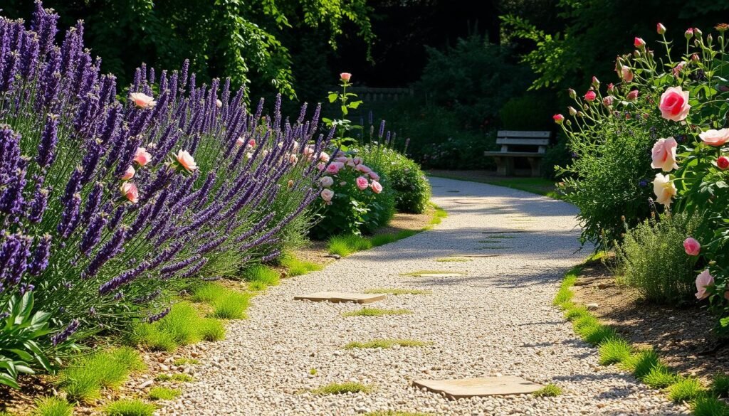 Winding gravel pathway through a Vintage English Garden Winding gravel pathway through a Vintage English Garden