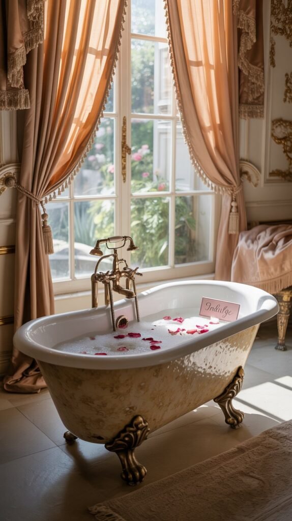Elegant Rococo bathroom with peach curtains and textured fabrics.