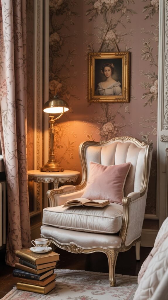 A charming reading nook in a Rococo bedroom featuring elegant furniture, soft lighting, and a warm color palette.