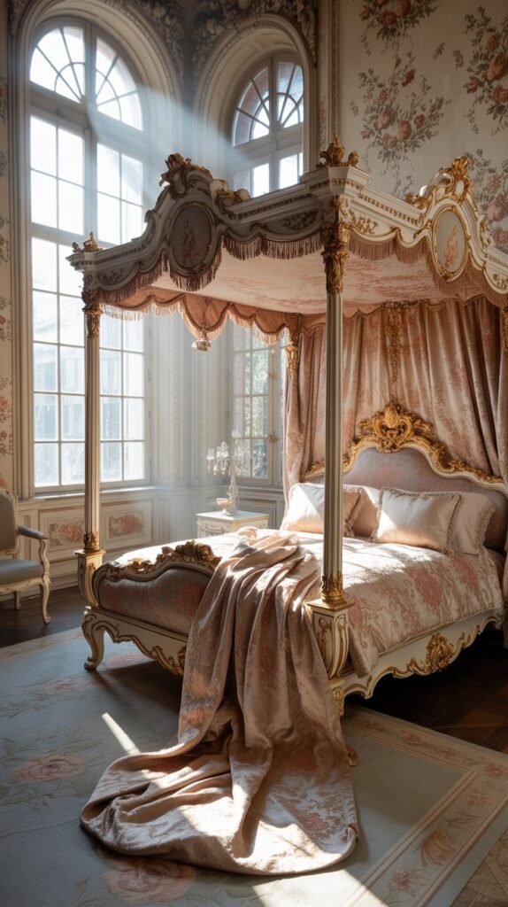 Luxurious Rococo bedroom with elegant fabrics and intricate upholstery.