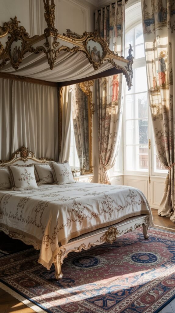 An elegant Rococo bedroom featuring a detailed area rug, luxurious curtains, and ornate decorations.
