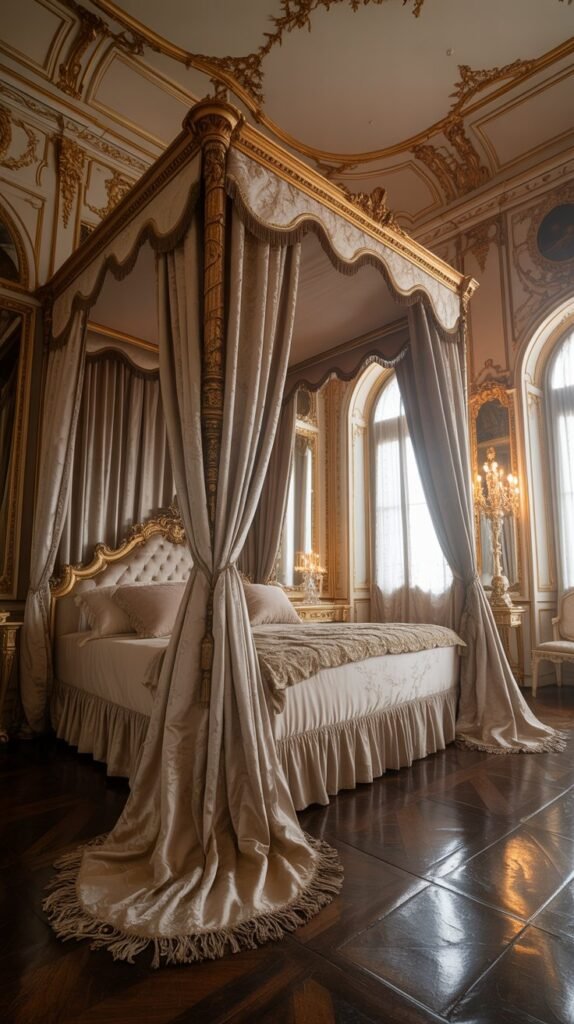 A luxurious Rococo style bedroom featuring ornate ceiling designs, elegant furnishings, and warm wooden flooring.