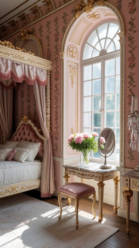 Luxurious Rococo bedroom featuring soft pink walls, ornate gold accents, and elegant furniture.
