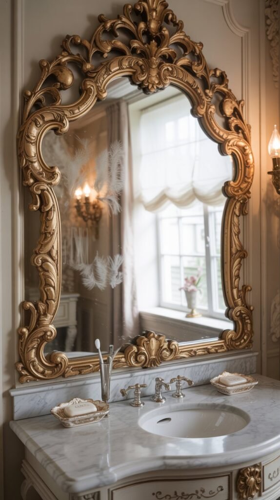 A lavish ornate mirror in a Rococo bathroom setting, featuring intricate gold detailing and a luxurious design.