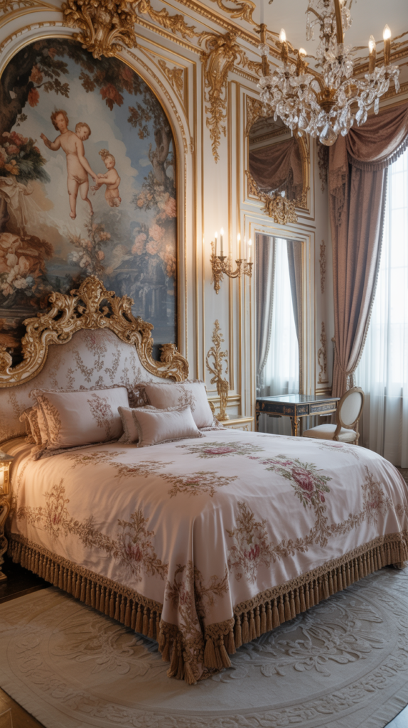 Rococo bedroom featuring ornate wall treatments and a lavish bed.