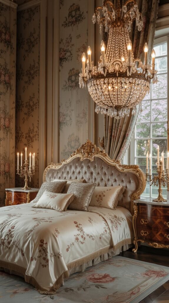 A luxurious Rococo bedroom featuring an ornate chandelier and elegant candlesticks, creating a dramatic lighting effect.