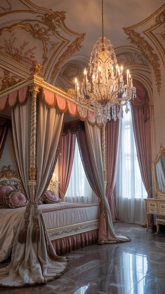 A beautifully designed Rococo bedroom featuring ornate ceiling, chandelier, and elegant bed.
