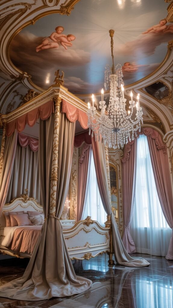 A Rococo bedroom featuring a beautifully painted ceiling with cherubs and clouds, complemented by an elegant chandelier.