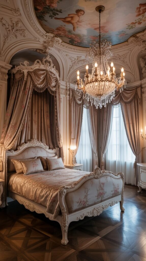 Elegant Rococo bedroom with ornate ceiling, chandelier, and beautifully arranged furniture