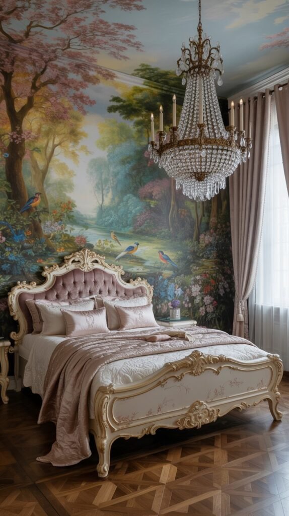 A Rococo style bedroom featuring a custom wall mural of birds and trees, with an ornate bed and chandelier.