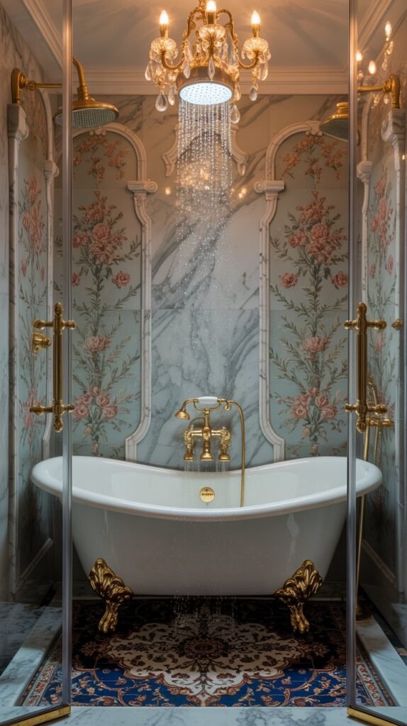 A luxurious Rococo-style shower with ornate floral patterned tiles and elegant fixtures.