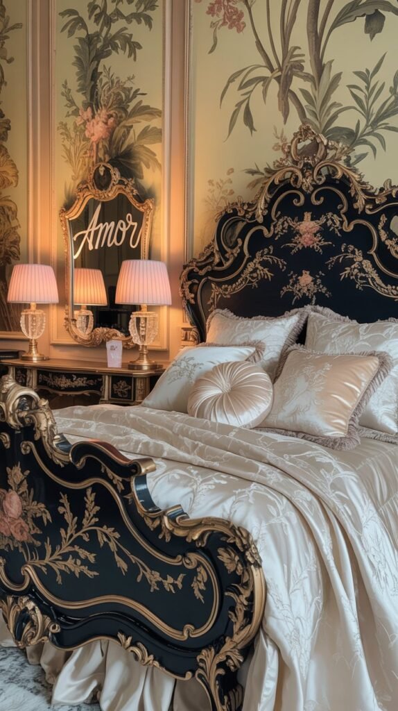 A Rococo styled bedroom featuring vintage wallpaper with intricate patterns, a black ornate bed frame, and elegant lamps.