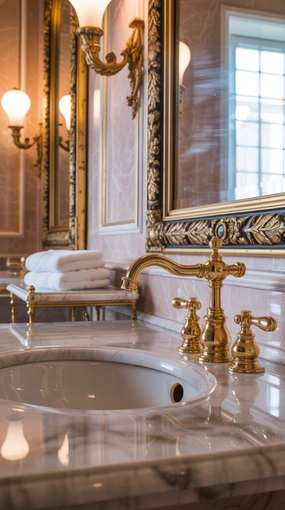 Gilded bathroom fixtures and fittings with a golden sink faucet and mirrors