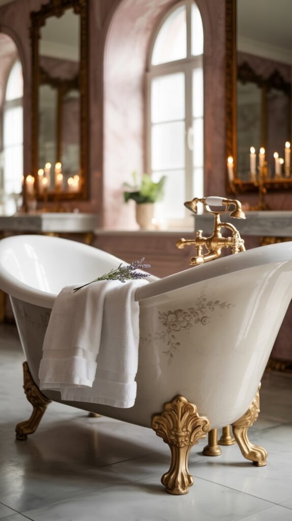 A luxurious freestanding bathtub with golden feet in a Rococo bathroom.