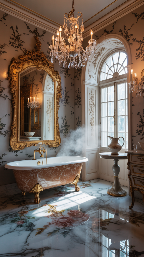 A luxurious Rococo bathroom with an elaborate chandelier, elegant mirror, and ornate details.