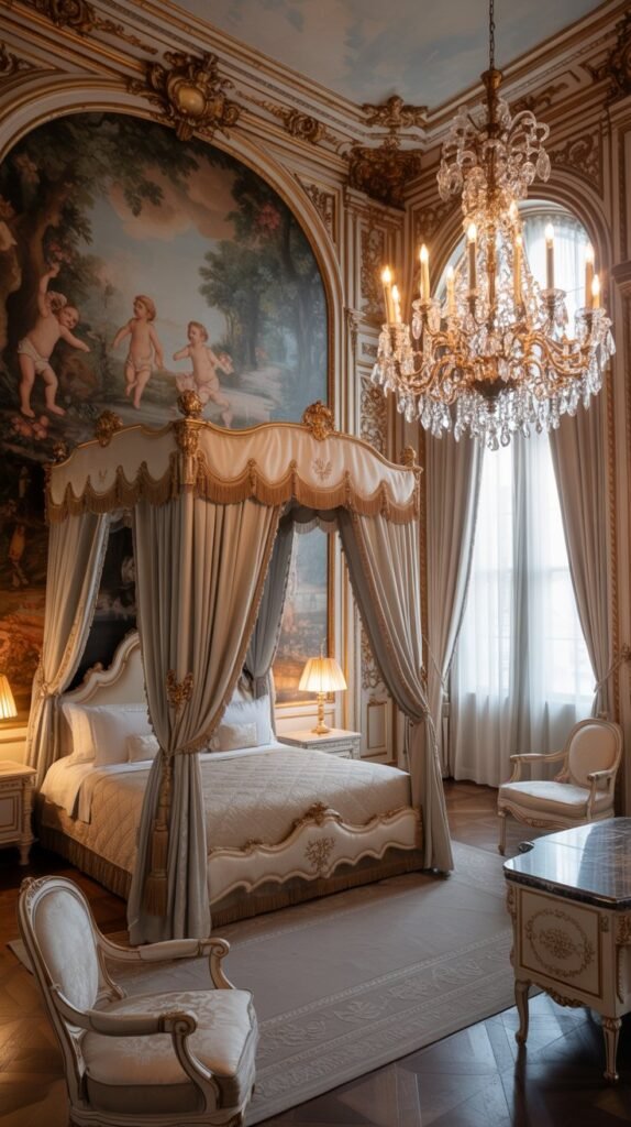 Vintage Rococo bedroom featuring a mural, chandelier, and ornate furniture.