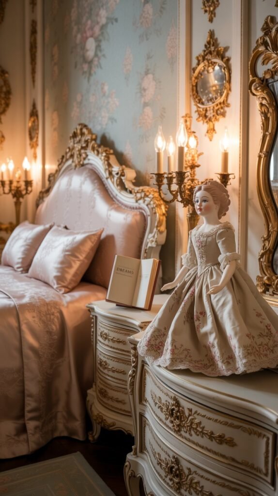 A beautifully styled Rococo bedroom with soft lighting from lamps and wall sconces, highlighting intricate decor details.