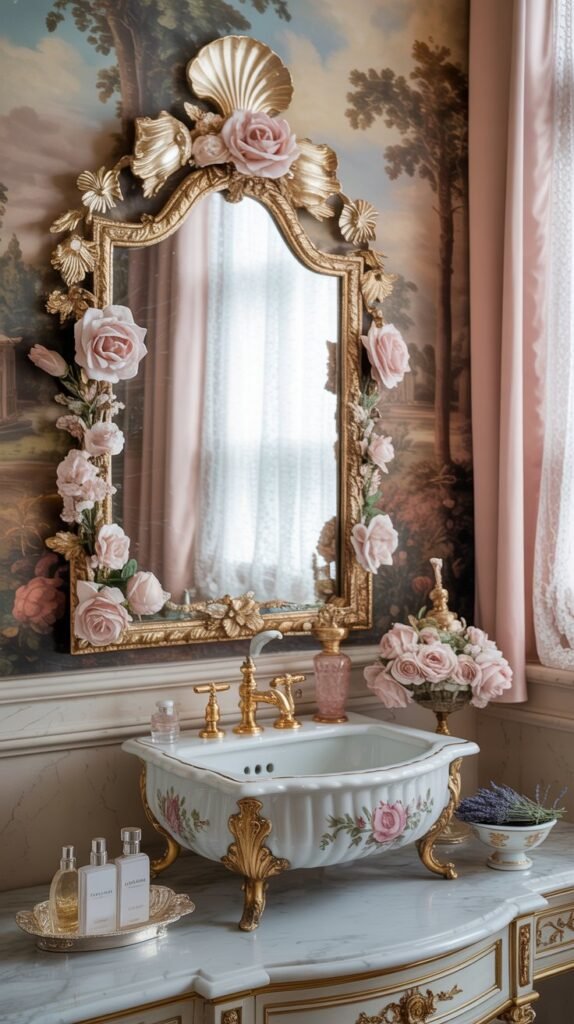 Rococo style bathroom with ornate lavatory furniture, mirrors, and soft color palette