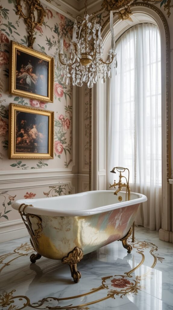 A Rococo style bathroom featuring classic artworks, ornate fixtures, and floral wallpaper.