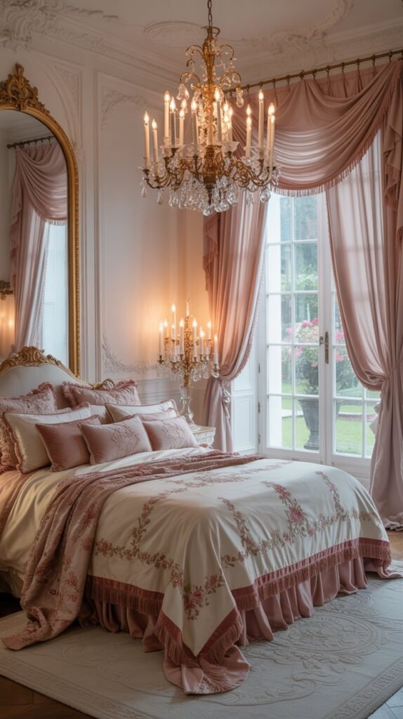 Elegant Rococo bedroom with ornate chandelier, decorative wall moldings, and plush bedding.