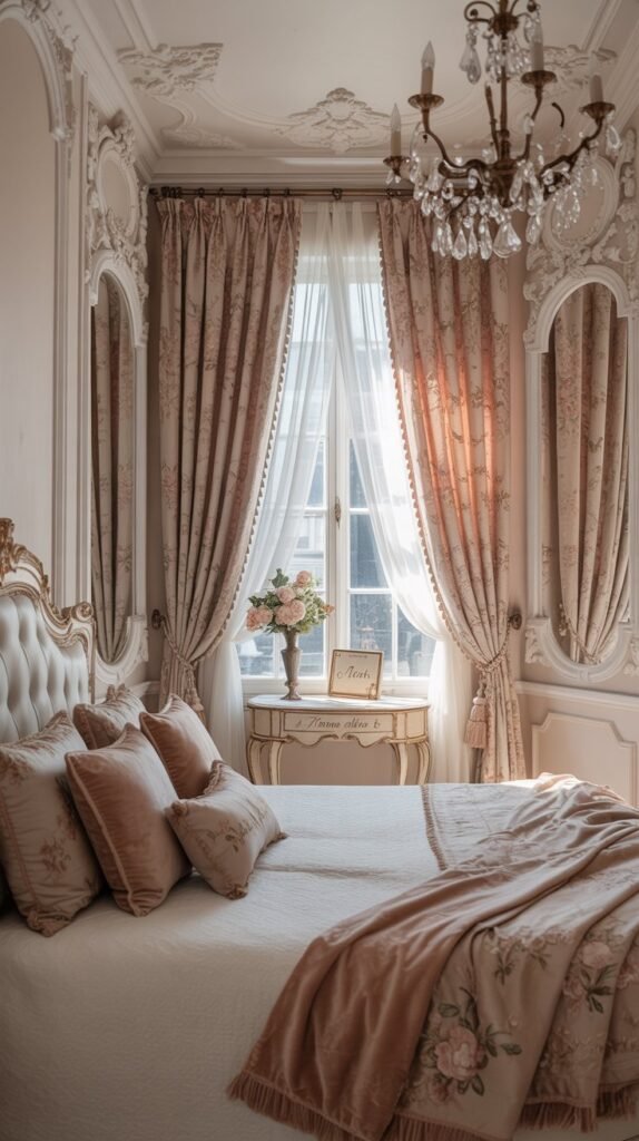 Rococo bedroom with pastel accents, featuring a stylish bed with pillows and throws, elegant curtains, and a warm chandelier.