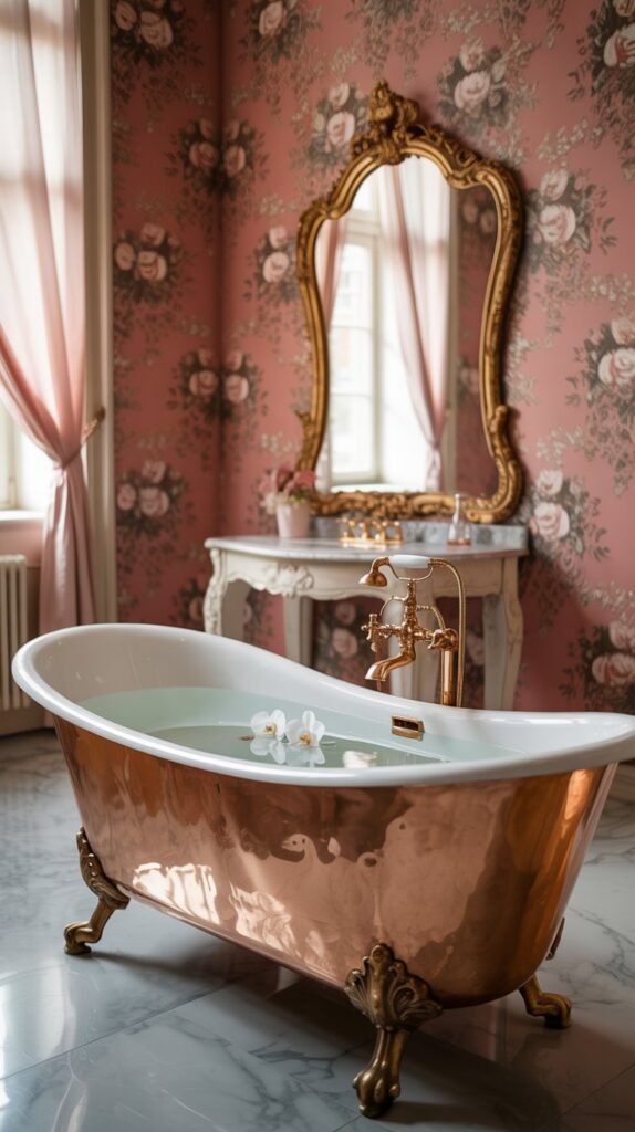 Rococo bathroom featuring an ornate mirror, copper bathtub, and floral wallpaper