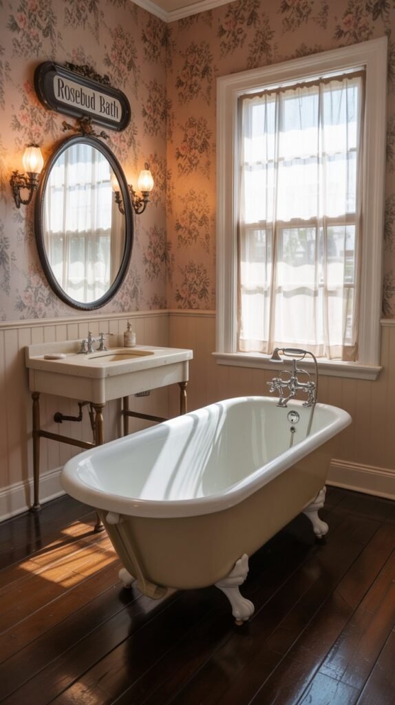 A vintage-inspired bathroom featuring floral wallpaper, a clawfoot bathtub, and a round mirror.