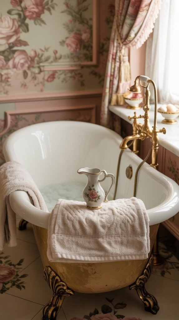 A Rococo-style bathroom featuring vintage bath accessories, including ornate golden soap dishes and a decorative faucet, set against intricately patterned wallpaper.