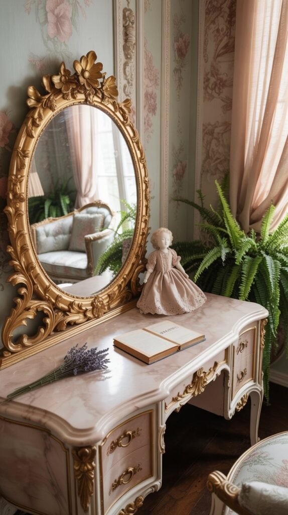 A Rococo-style bedroom featuring plants, elegant furniture, and ornate decor.